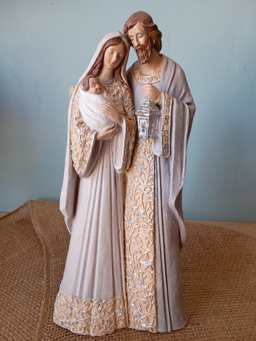 HOLY FAMILY WITH PATTERN IN IVORY AND GREY ROBES  12"H