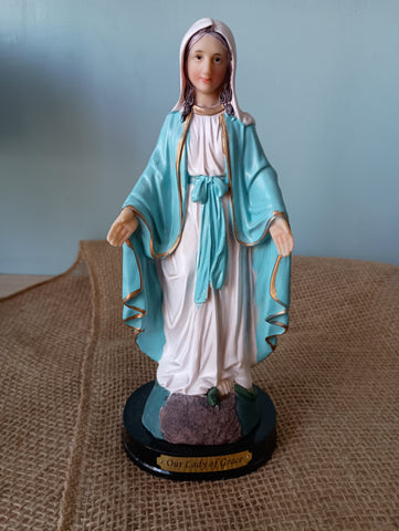 OUR LADY OF GRACE WITH WOODEN BASE 8"H