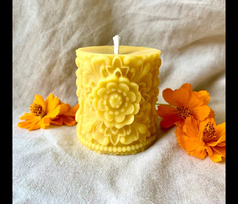 100% Beeswax Pillar Candle - Flower Mandala